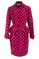 Rare 1988 Christian Lacroix Demi-Couture Luxe Pink & Black Dot Silk Suit