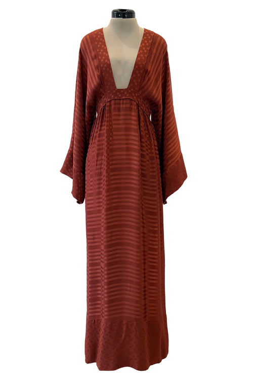 1970s Jean Varon Rust Clay Coloured Silk Wide Sleeve Dress w Plunge Front