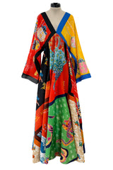 Iconic 1972 LaVetta Multi Scarf Printed Silk Caftan Dress w Wide Sleeves