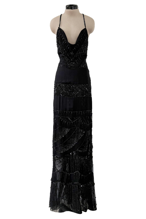 Gorgeous Fall 2003 Valentino Densely Beaded Bias Cut Black Silk Chiffon Dress