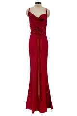 Fall 1999 John Galliano Deep Red Patterned Silk Bias Cut Backless Dress w Velvet Ribbon Details