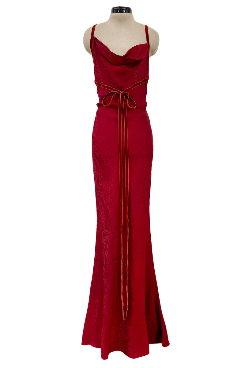 Fall 1999 John Galliano Deep Red Patterned Silk Bias Cut Backless Dress w Velvet Ribbon Details