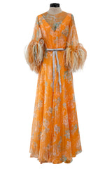 Exquisite 1960s Harry Algo printed Peach Silk Chiffon Dress w Feather Detailing