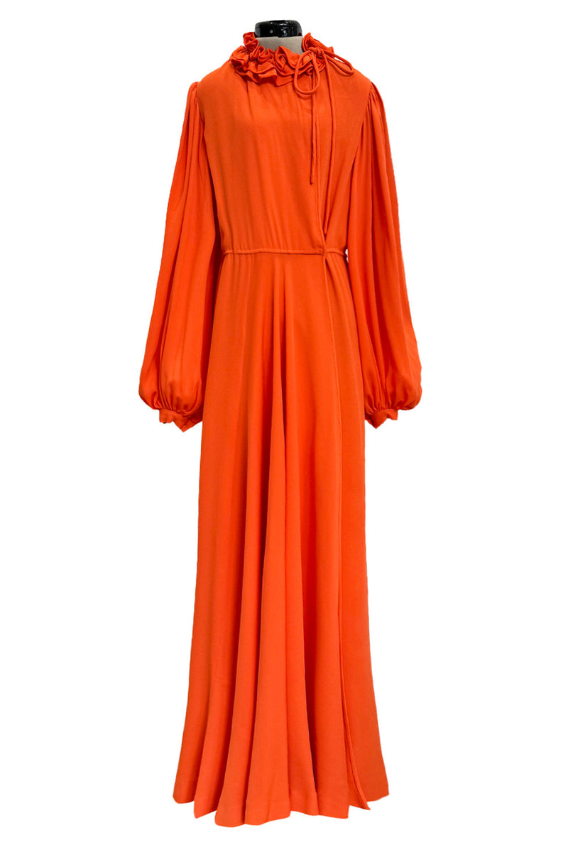 1970s James Galanos Couture Orange Silk Dress w Ruffle Neck & Balloon Sleeves