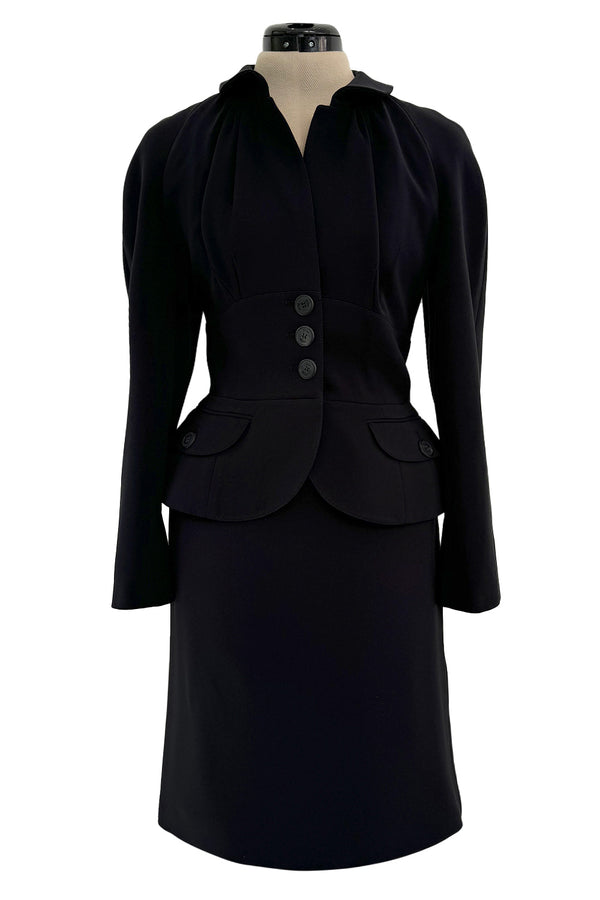 Pre-Fall 2011 Christian Dior by John Galliano Black Silk Suit w Back Flared Skirt & Gathered Detailed Jacket