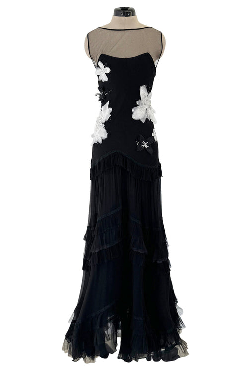 Beautiful Fall 2005 John Galliano Bias Cut Black Silk Dress w Hand Applied Silk Flowers