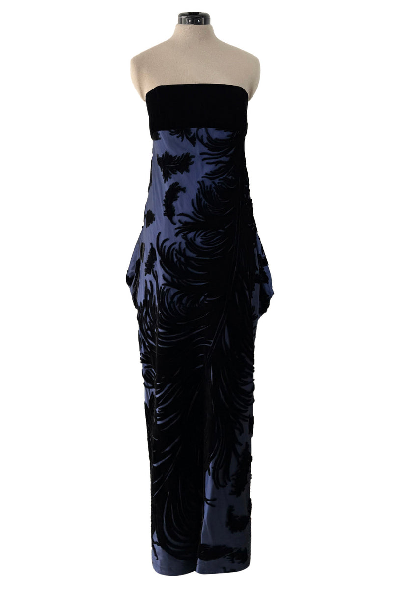 Incredible Fall 1987 Bill Blass Runway Deep Blue Silk & Black Velvet Dress w Back Bustles & Bows