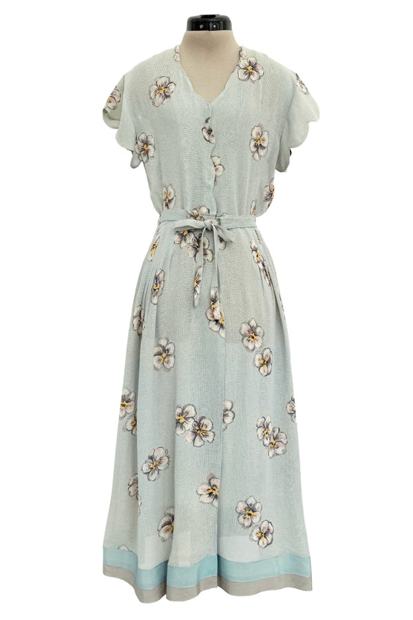 Prettiest 1930s Unlabeled Blue Handpainted Floral Dress Made of Unusual Woven Fabric