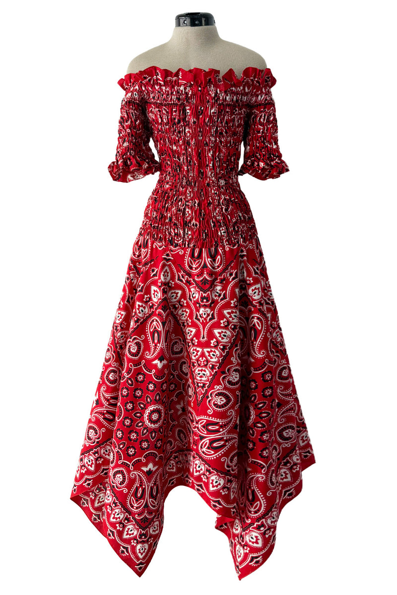 Amazing 1971 Oscar de la Renta Bandana Handkerchief Dress w Elastic Off Shoulder Bodice