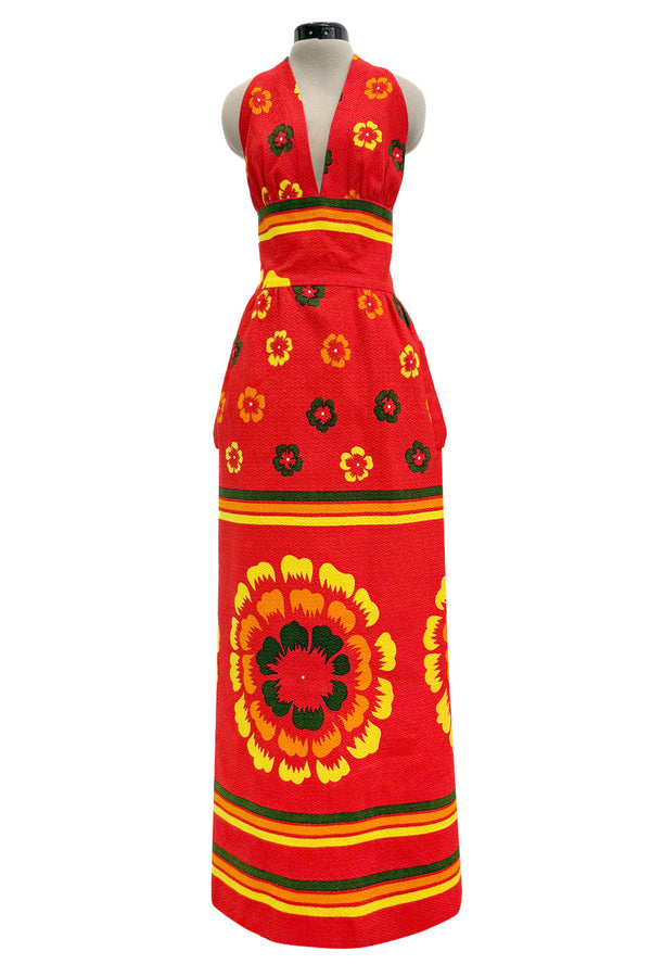 Amazing c.1971-1972 Lanvin by Jules-Francois Crahay Floral Printed Backless Halter Dress