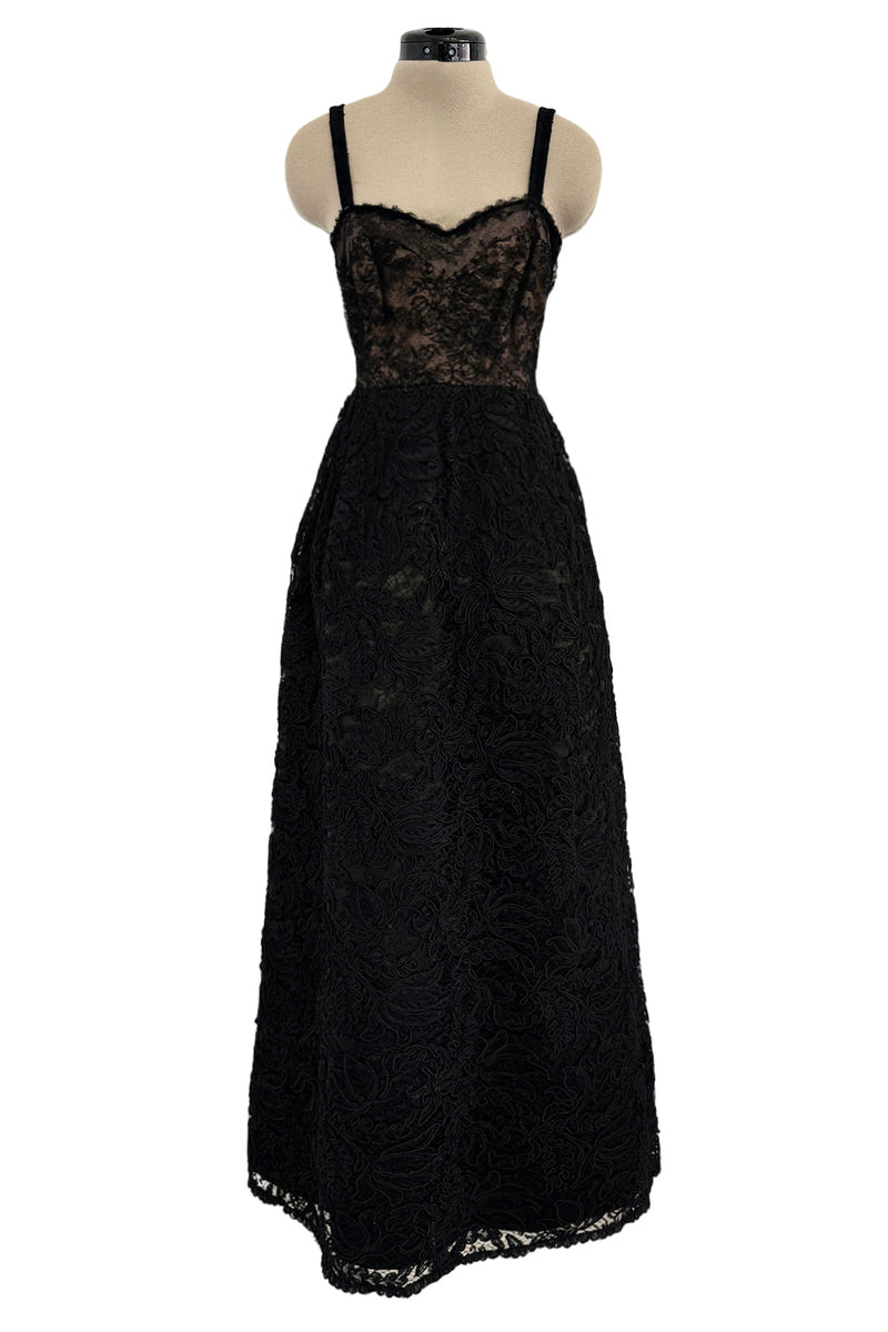 Prettiest 1960s James Galanos Couture Black French Lace & Silk Cord Dress