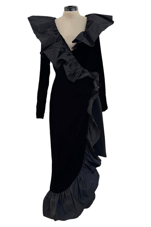 Amazing Fall 1984 Yves Saint Laurent Runway Silk Taffeta Ruffle & Velvet Wrap Dress