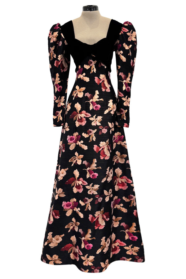 Stunning 1970s Givenchy Floral Silk Brocade Dress w Velvet Bodice & Bow