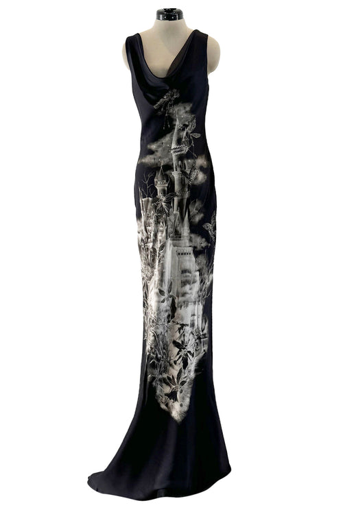 Iconic 2007 Alexander McQueen Fairy / Skeleton Castle Print Silk Bias Cut