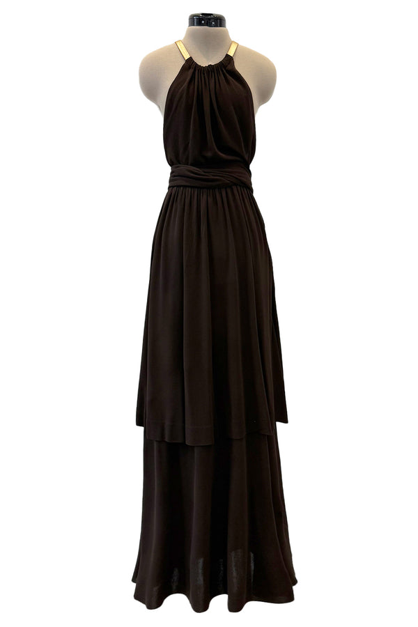 Fall 1975 Yves Saint Laurent Runway Brown Silk Jersey Backless Dress w Gold Leather Straps