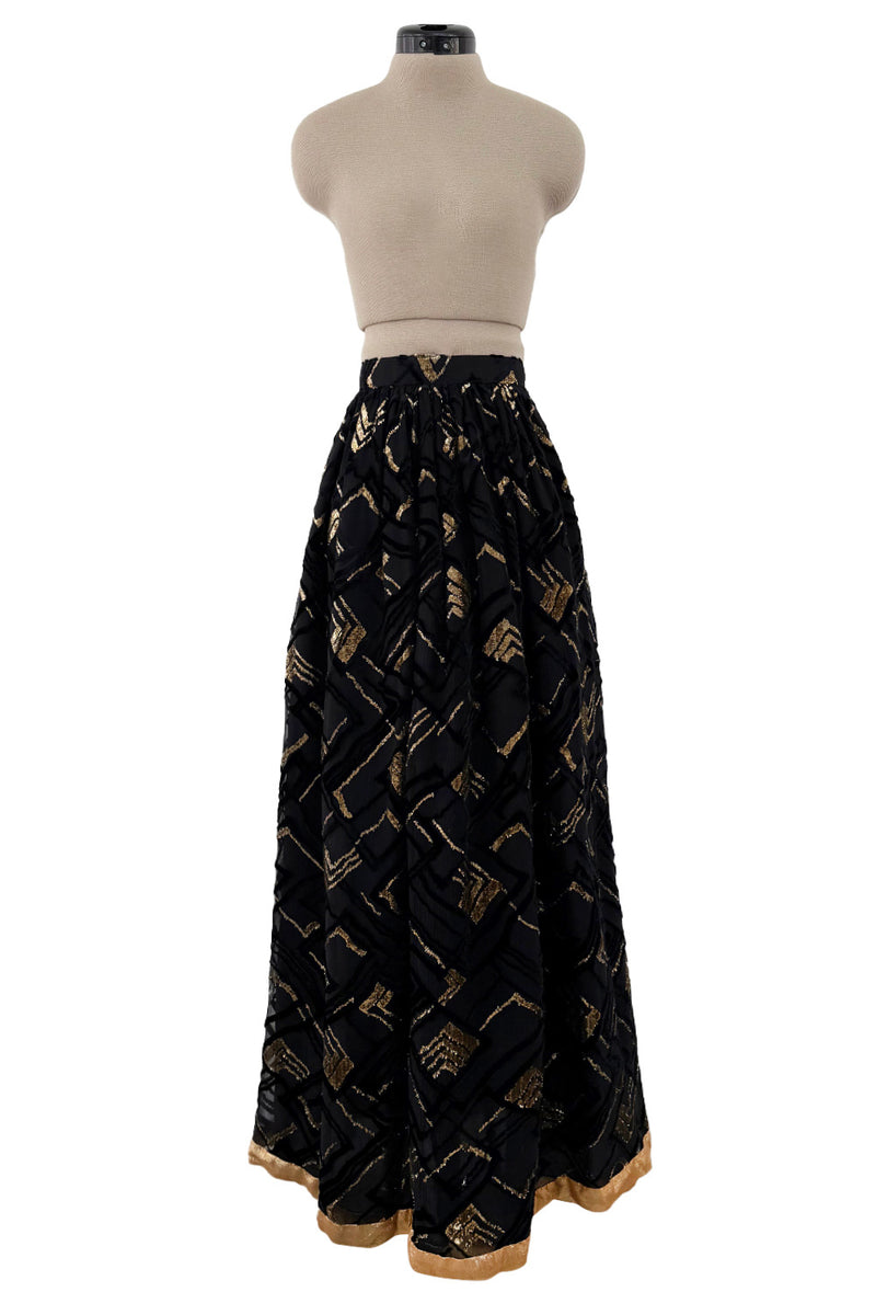 Fantastic 1970s Adolfo Black SIlk Chiffon Velvet & Gold Eyelash Detailed Skirt