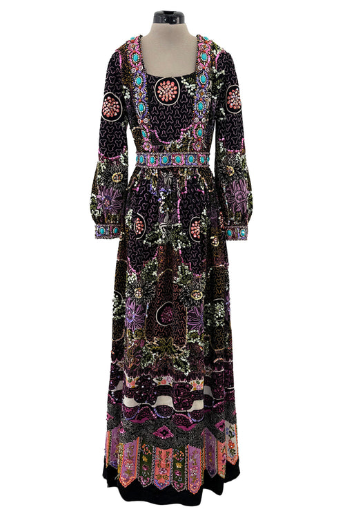 Amazing 1970s Valentina Inc. Elaborate Sequin & Bead on Printed Felt Dress