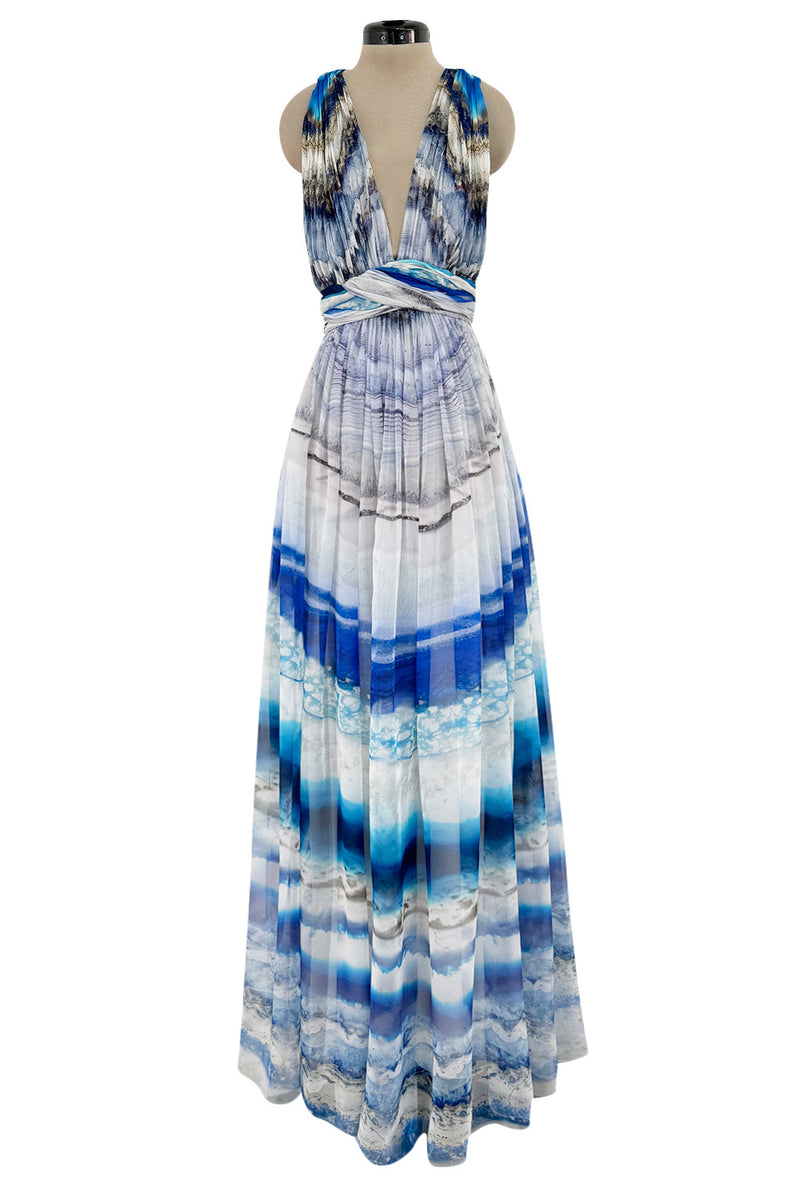 Amazing 2009-2010 Alexander McQueen Silk Chiffon Blue Agate Print Dress w Plunge Front & Open Back