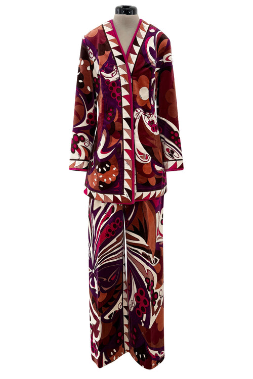 1960s Emilio Pucci Velvet Pink Purple & Brown Print Jacket & Flare Pant Suit Set