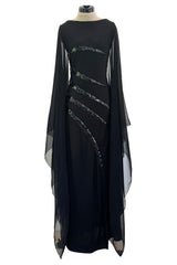 1990s Loris Azzaro Black Stretch Jersey Dress w Chiffon Angel Sleeves & Black Sequin Detailing