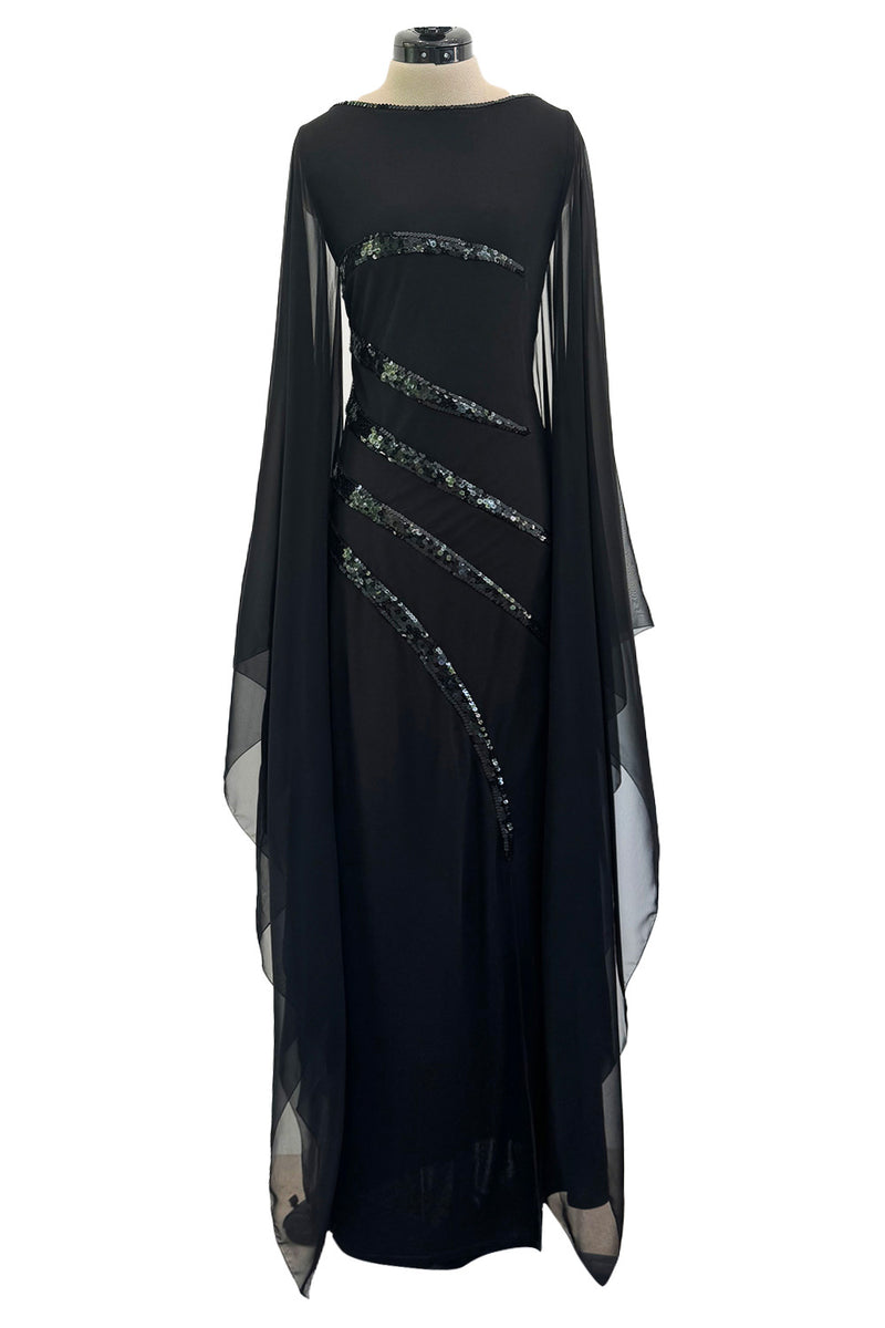 1990s Loris Azzaro Black Stretch Jersey Dress w Chiffon Angel Sleeves & Black Sequin Detailing