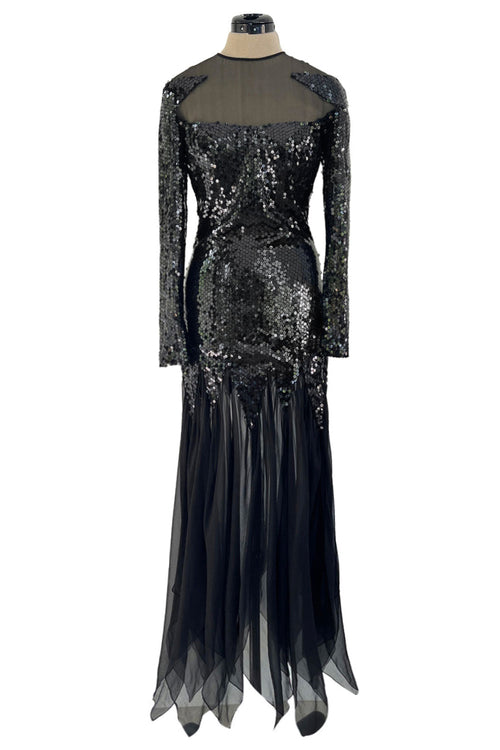 1973 Loris Azzaro Couture Black Sequin & Silk Chiffon Insets Dress w Pointed Hem