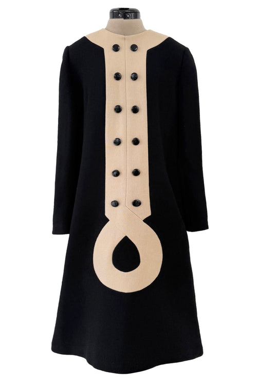 c. 1972 Pierre Cardin Black Wool Swing Dress w Taupe Inset & Glossy Black Buttons