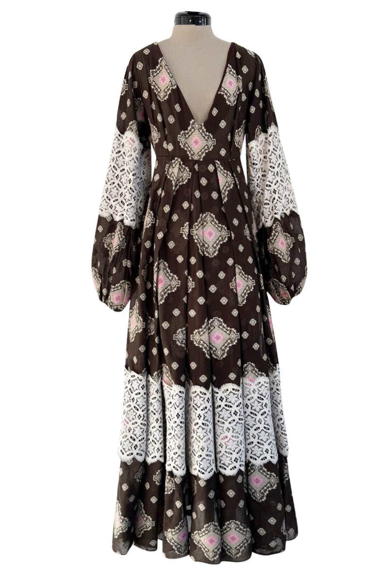 Fall 1971 Thea Porter Brocaded Cotton Gauze & Lace Flounce Dress