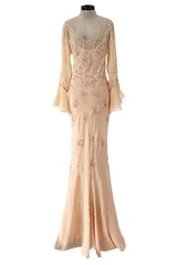 2000s Christian Dior by John Galliano Peach Silk Chiffon & Silver Beaded Bias Cut Dress