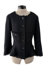 Spring 2006 Chanel by Karl Lagerfeld Woven Black Boucle Jacket w Fringe