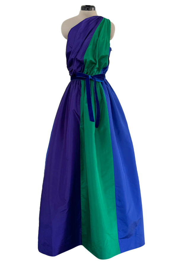 Spectacular 1970s Givenchy One Shoulder Silk Dress w Brilliant Blue, Deep Purple & Emerald Green Panels