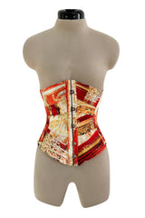 Amazing Spring 2003 Roberto Cavalli Printed Silk Lace Up Corset with Metal Stays & Hook Front