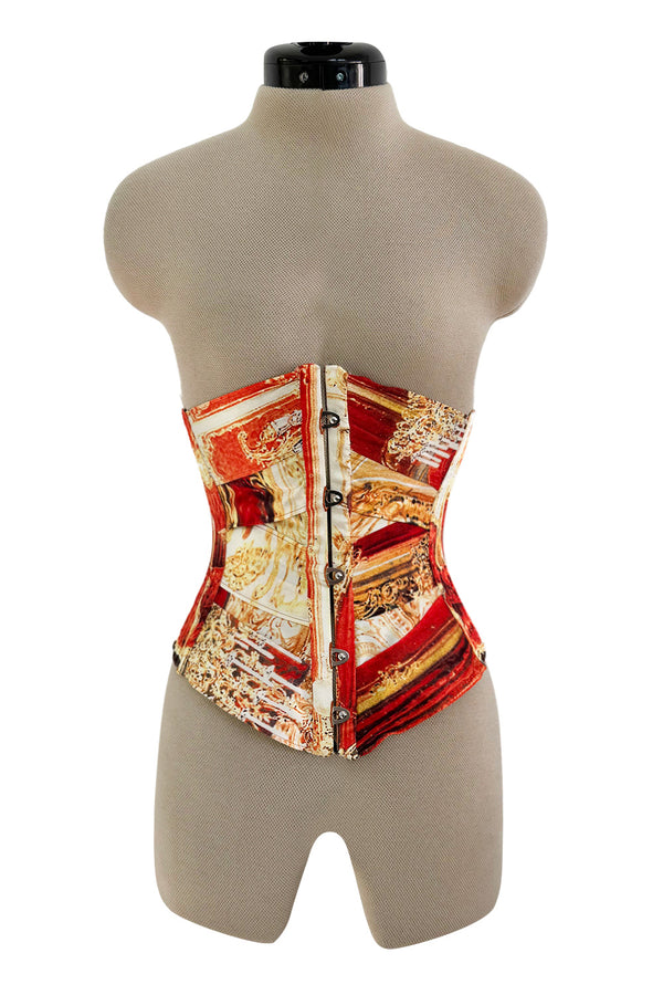 Amazing Spring 2003 Roberto Cavalli Printed Silk Lace Up Corset with Metal Stays & Hook Front