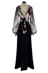 Prettiest 1970s Leonard Paris Printed Silk & Black Jersey Dress w Plunge Front