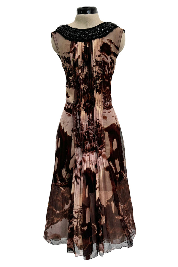 Prettiest Fall 2004 Prada Runway & Ad Campaign Print Silk Chiffon Dress w Beaded Detailing