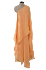 c. Resort 1976 Halston Couture Pastel Peach Silk Chiffon One Shoulder Spiral Dress