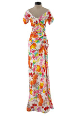 Gorgeous Spring 2006 Christian Dior by John Galliano Bright Floral Print Silk Chiffon Dress