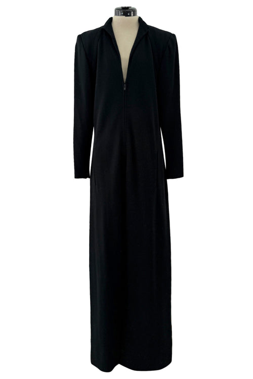 Fabulous 1980s Pauline Trigere Sleek Black Wool Jersey Jumpsuit w Front Zip