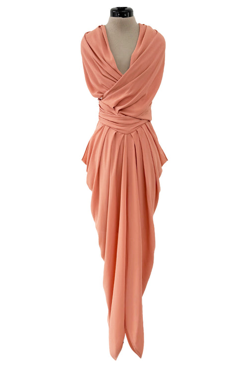 1990s Gianni Versace Pale Pastel Salmon Silk Crepe Wrapped Bodice & Bare Back Dress