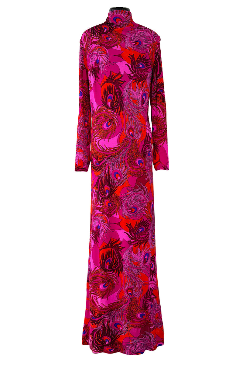 1972 La Mendola 'Paridiso' Peacock Feather Print Deep Pink Silk Jersey Dress