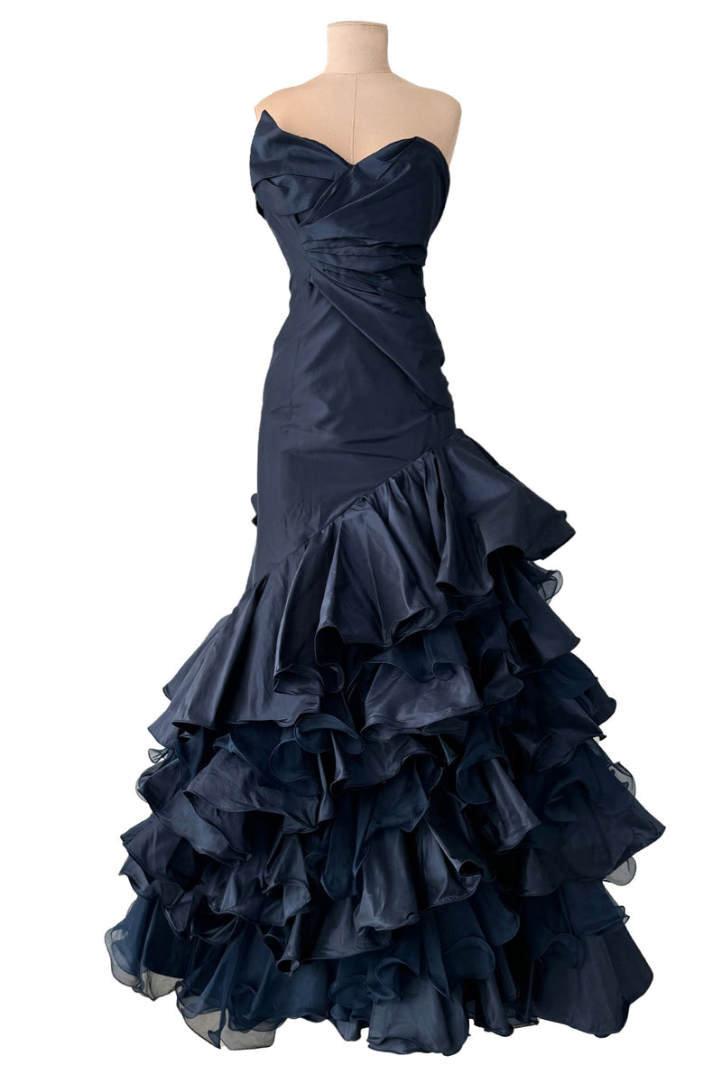 Resort 2011 Oscar de la Renta Runway Deep Blue Strapless Silk Dress w Elaborate Ruffled Skirt