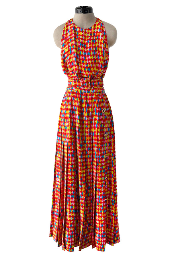 Chic 1990s Bill Blass Silk Multi Colour Print Halter Dress w Pleated Skirt & Belt