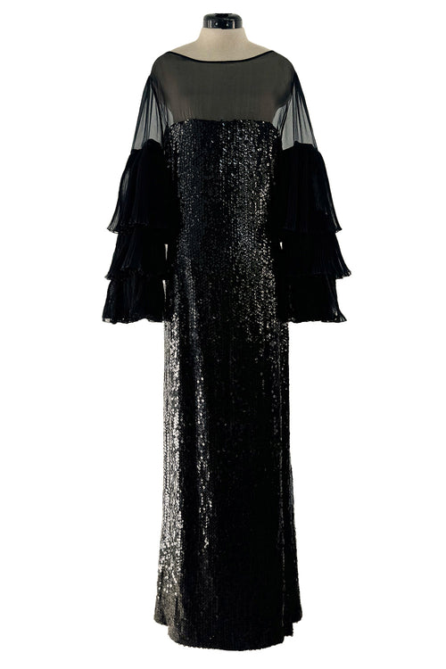 Killer 1980s Louis Feraud Black Sequin Dress w Amazing Tiered Silk Chiffon Sleeves