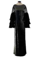 Killer 1980s Louis Feraud Black Sequin Dress w Amazing Tiered Silk Chiffon Sleeves