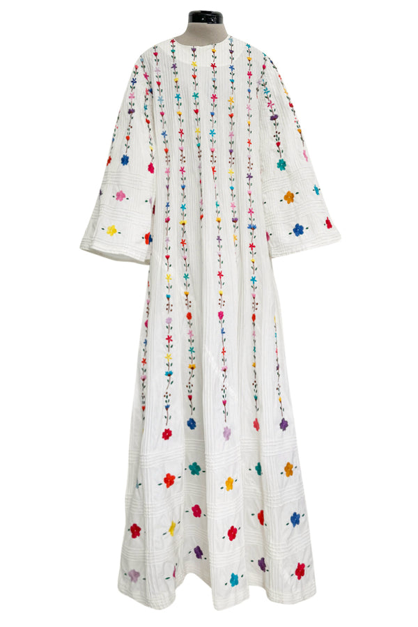 Fantastic 1960s Unlabeled White Cotton Hand Embroidered Mexican Caftan Dress