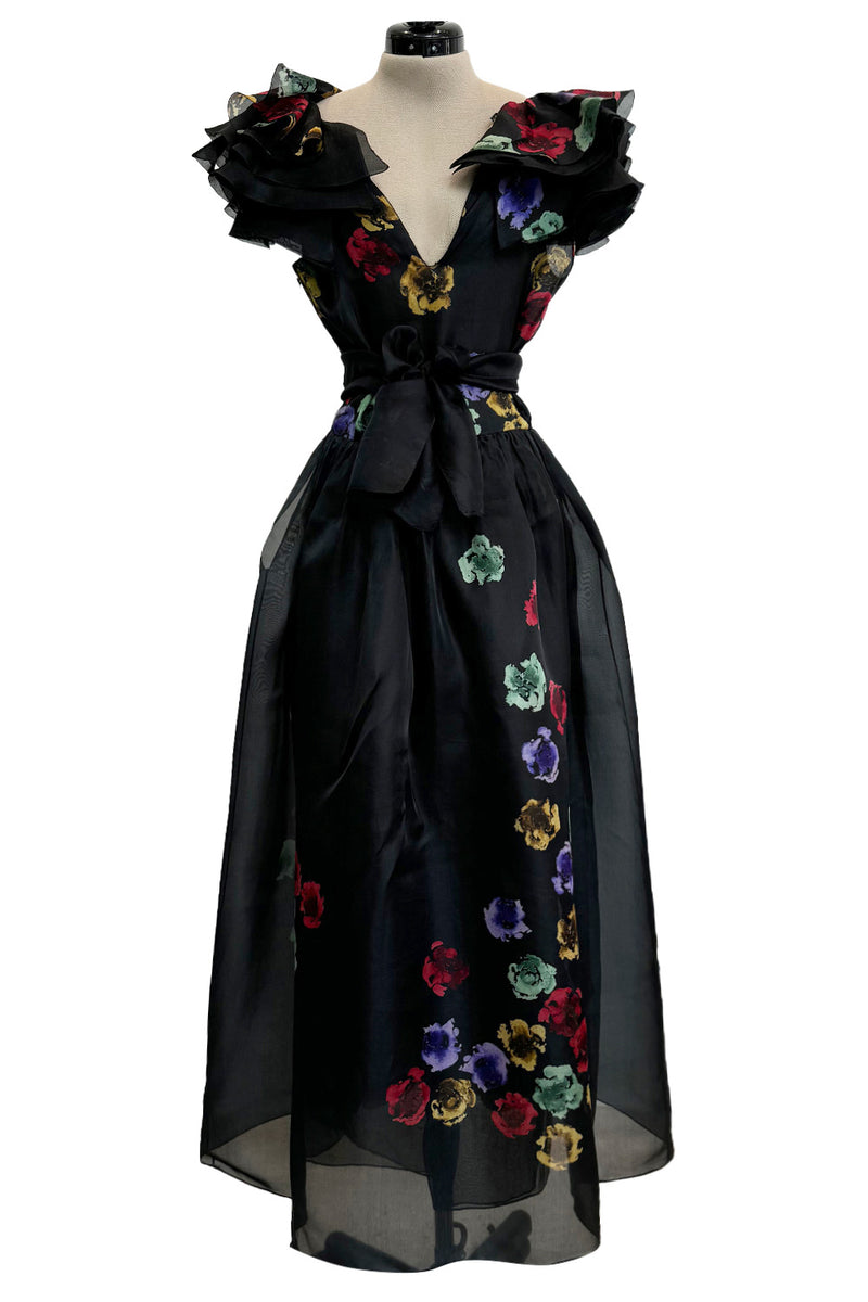 Prettiest 1960s Possible Christian Dior Floral Print Silk Organza Dress w Ruffled Shoulders