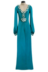Spring 1971 Loris Azzaro Turquoise Silk Jersey Dress w Dense Bead & Pailettes Embellishments
