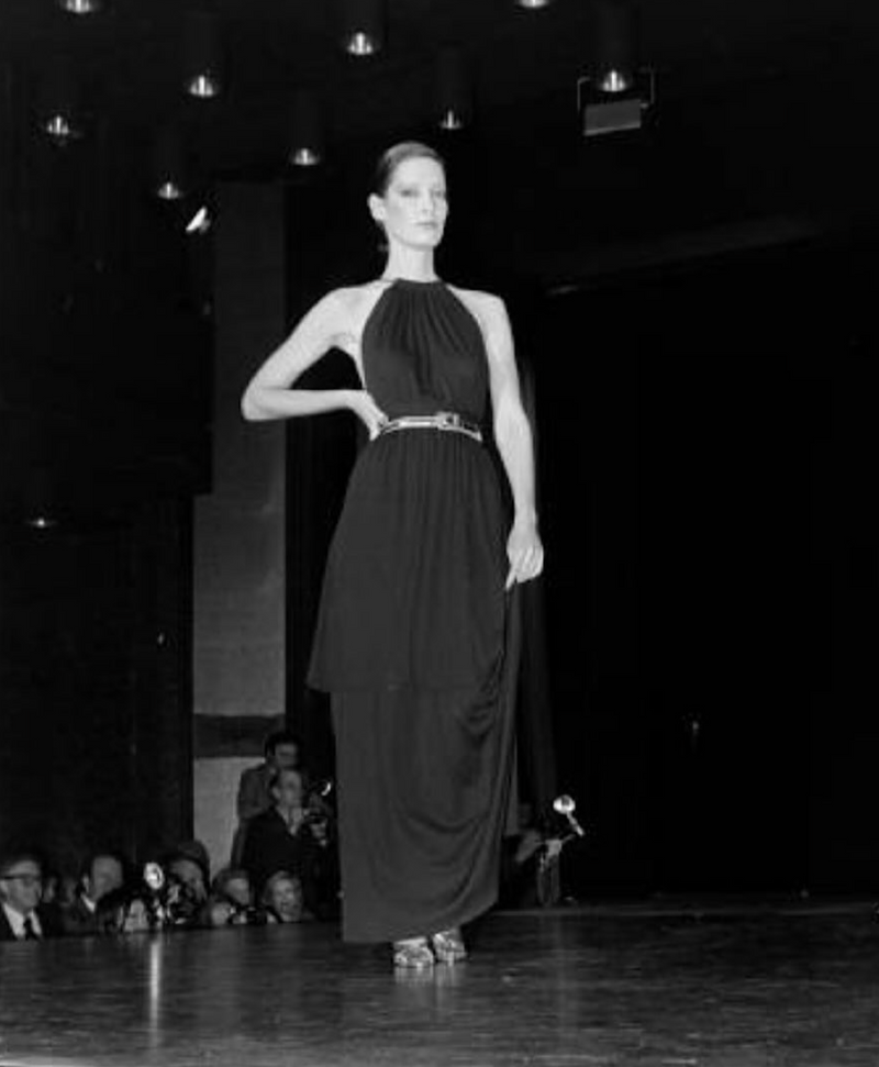 Fall 1975 Yves Saint Laurent Runway Brown Silk Jersey Backless Dress w Gold Leather Straps