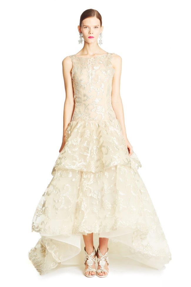 Dreamy Pre-Fall 2015 Oscar de la Renta Look 36 Metallic Gold Applique & Ivory Net Dress