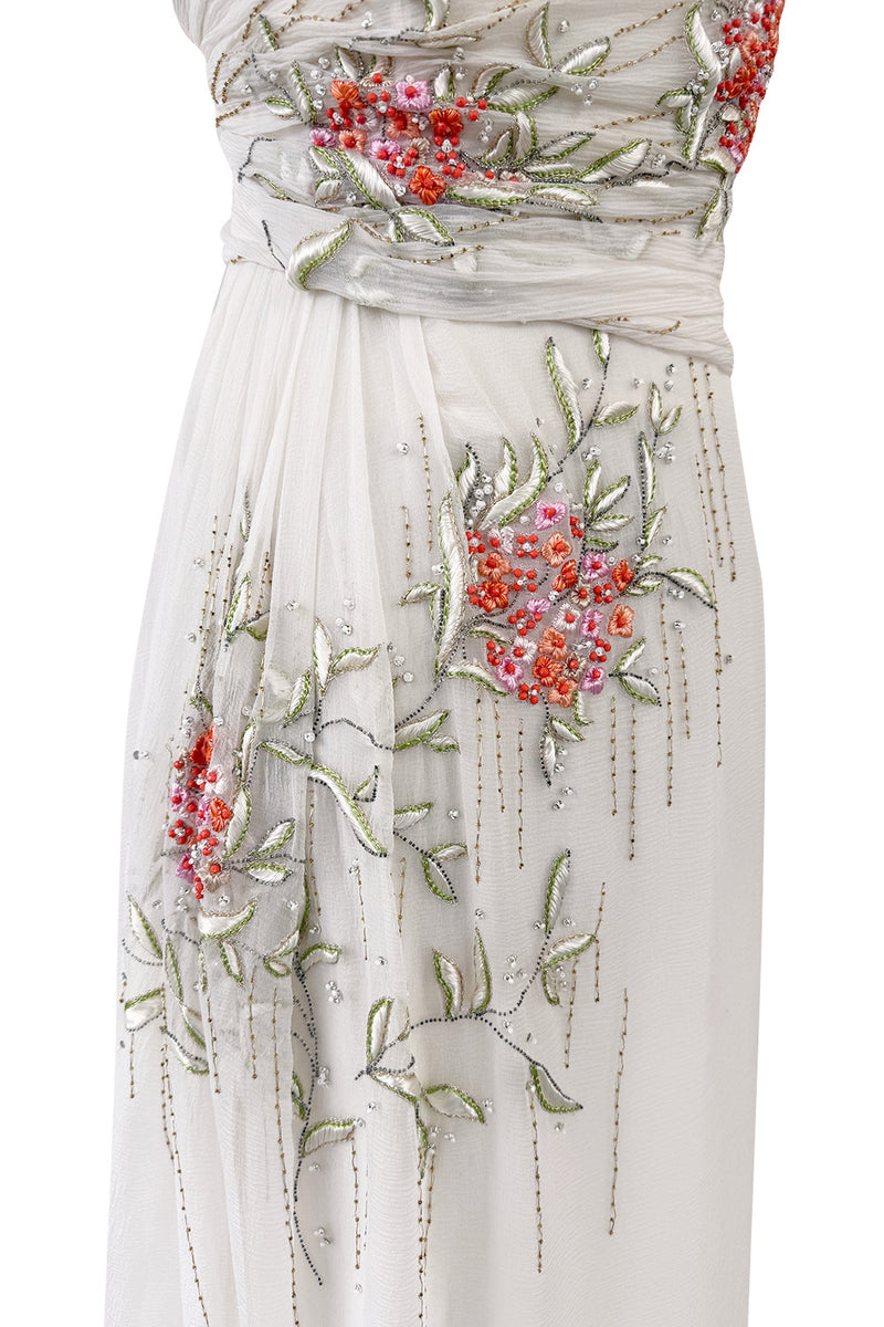 Exceptional Spring 2008 Christian Dior by John Galliano Ivory Silk Chiffon Dress w Floral Embroidery